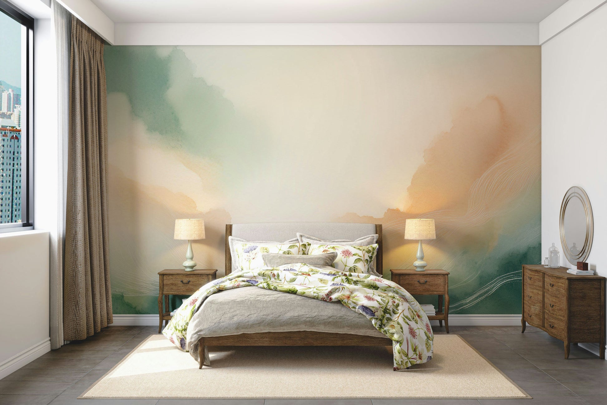 Contemporary home styling featuring a blue sky mural in a master bedroom.