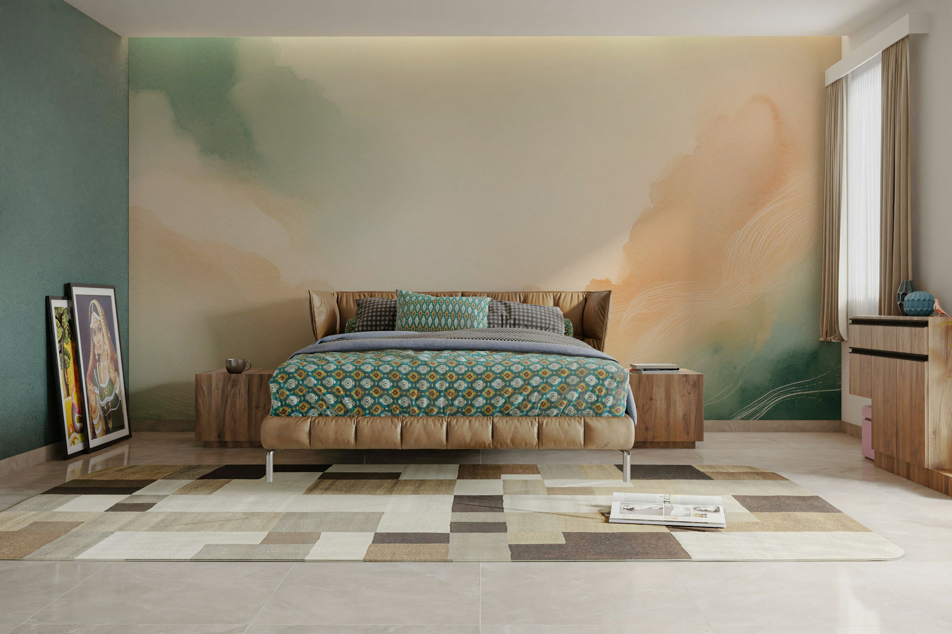 Large feature wall with a sky mural for a minimalist home styling aesthetic.