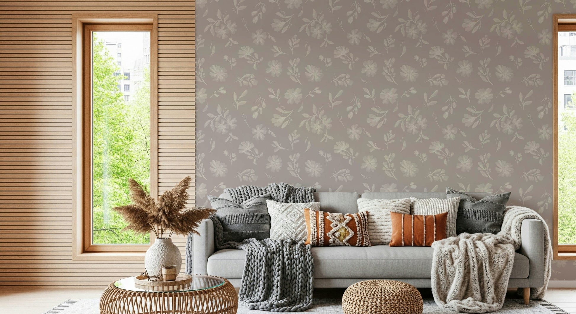Soft Taupe Florals wallpaper mural enhances serene bedroom interiors.