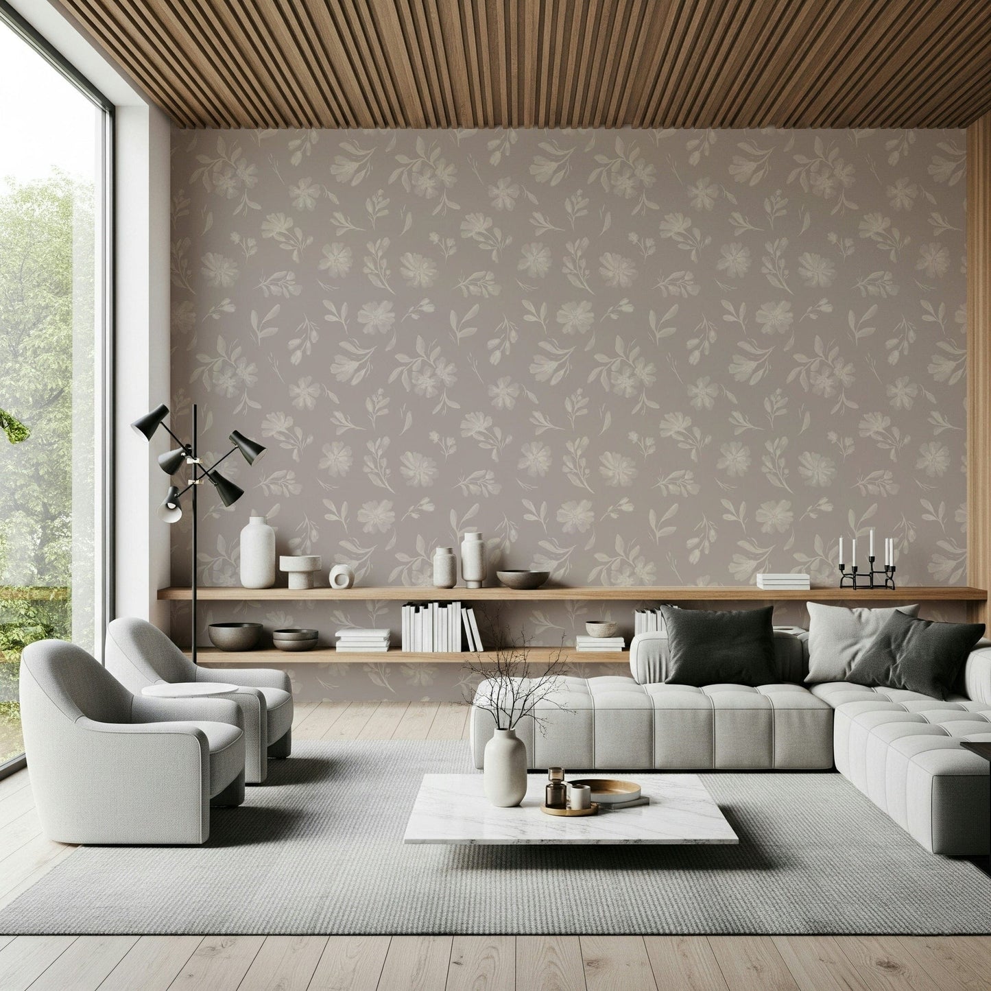 Graceful stem sketches accent Soft Taupe Florals wall mural.