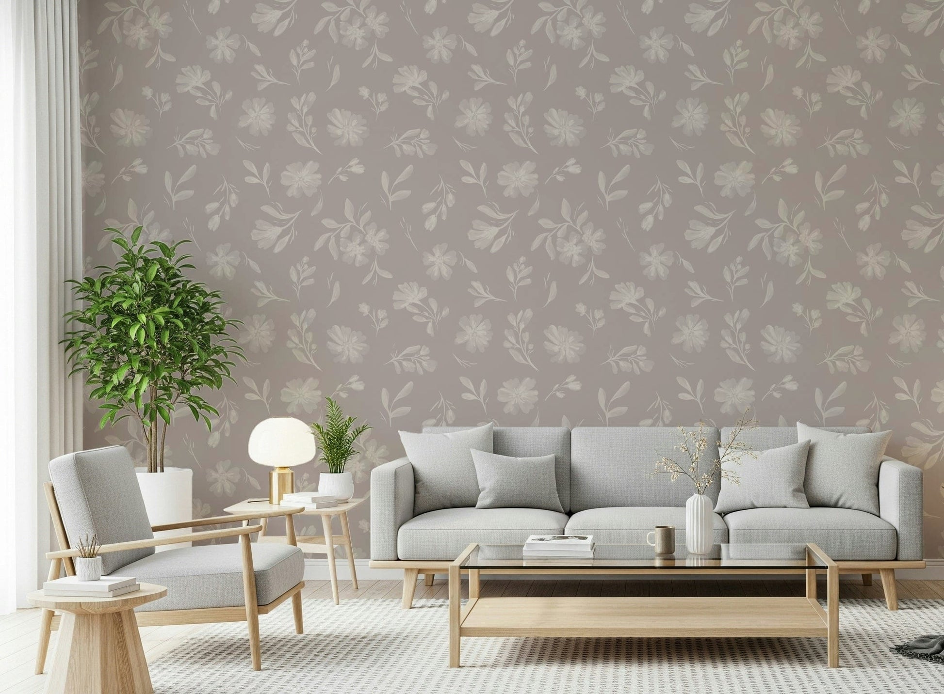 Earthy neutral tones define Soft Taupe Florals wallpaper mural.