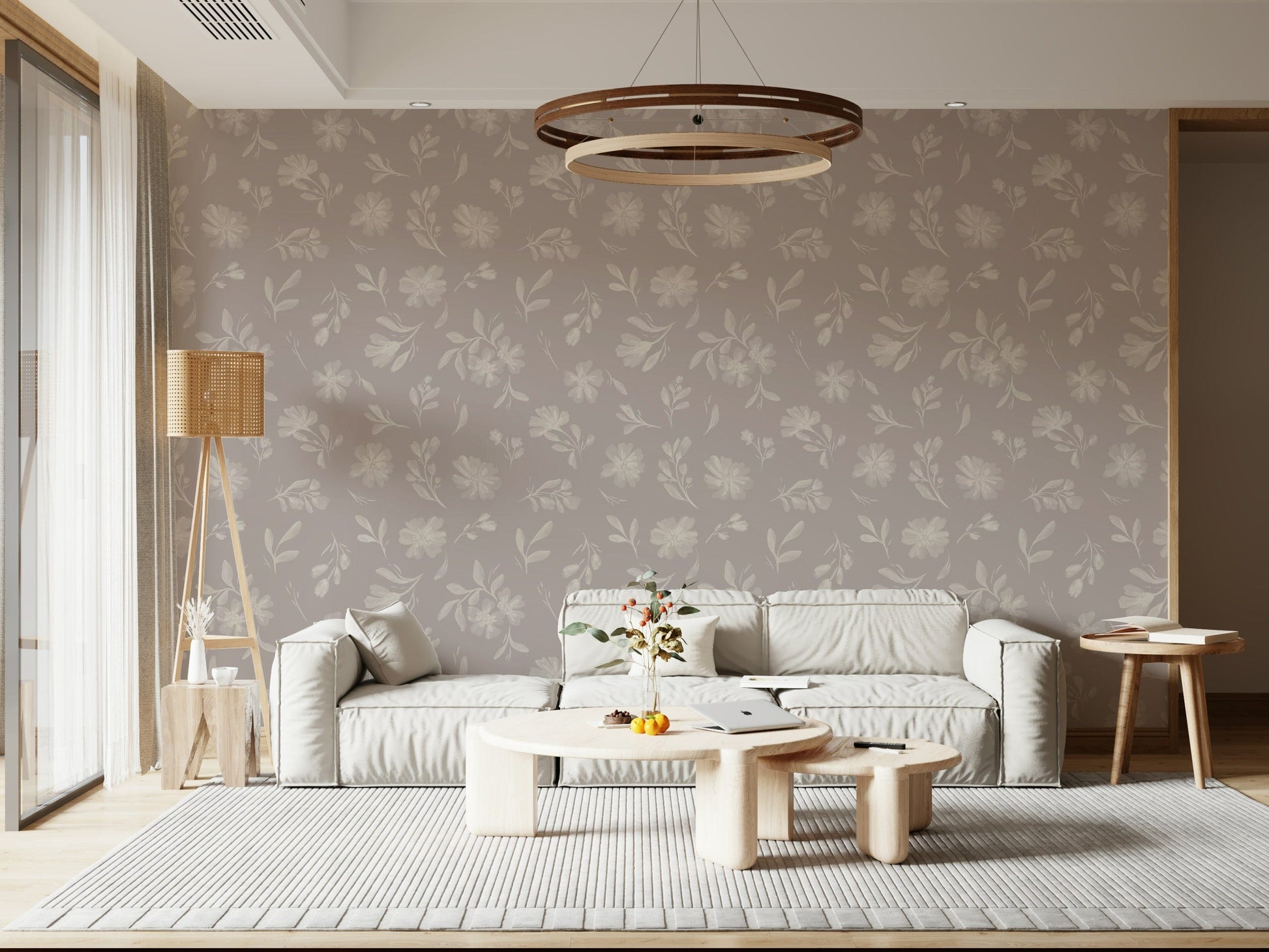 Minimalist wildflower design adorns Soft Taupe Florals wallpaper mural.