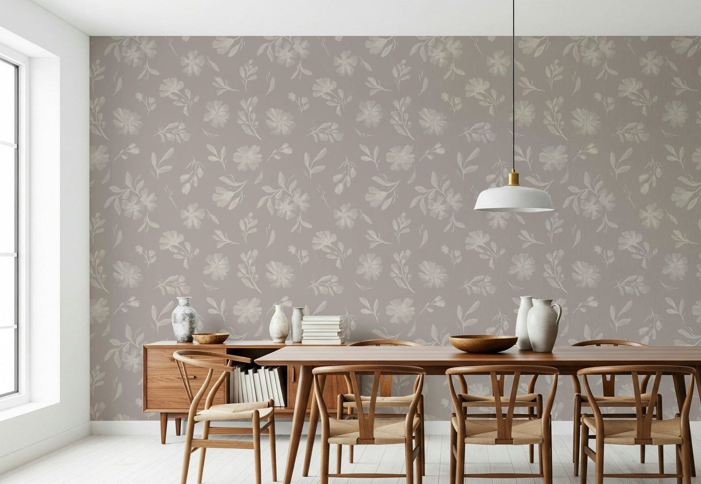 Elegant floral patterns on Soft Taupe Florals wall mural.