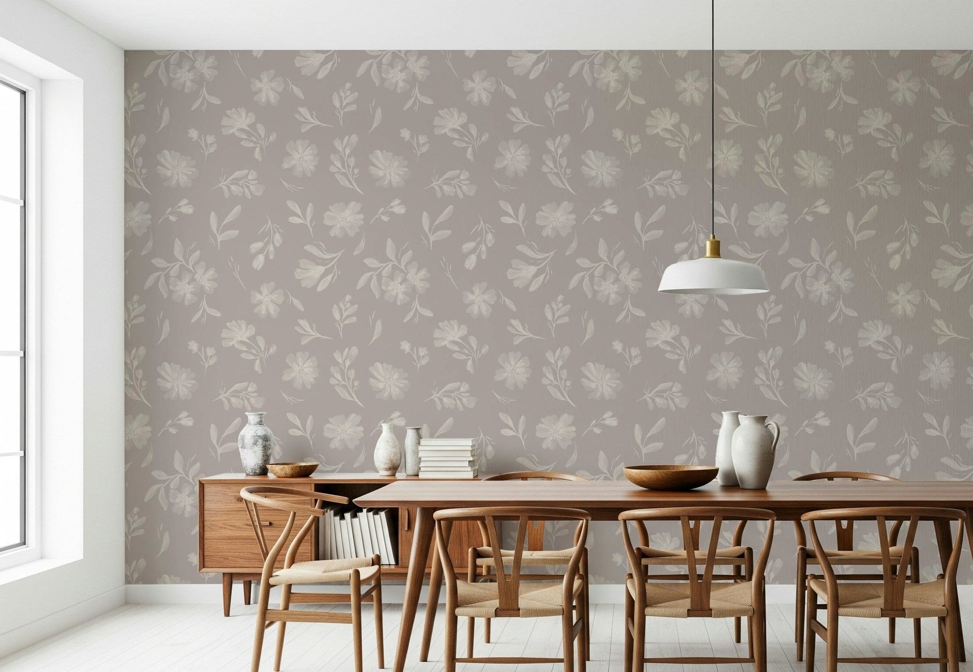 Elegant floral patterns on Soft Taupe Florals wall mural.