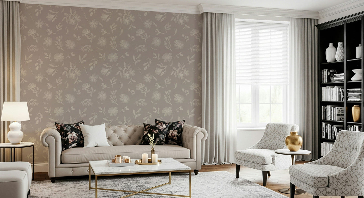 Soft Taupe Florals wallpaper mural featuring delicate cream blossoms.