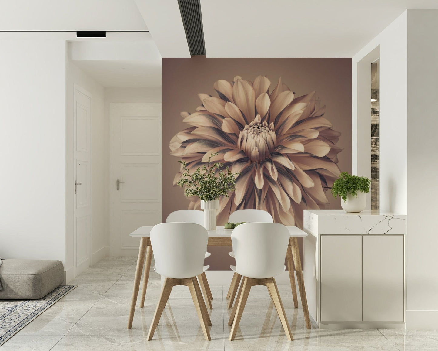 Peel and stick flower wallpaper for a nursery or child's room feature wall.