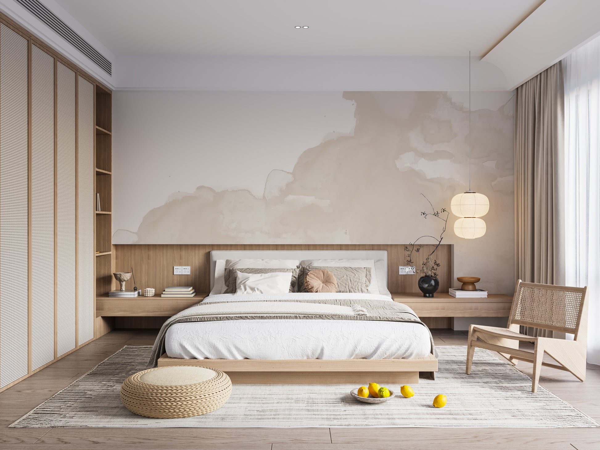 Abstract Watercolor wallpaper mural in soft cream above a wood platform bed with a cane chair in a warm bedroom