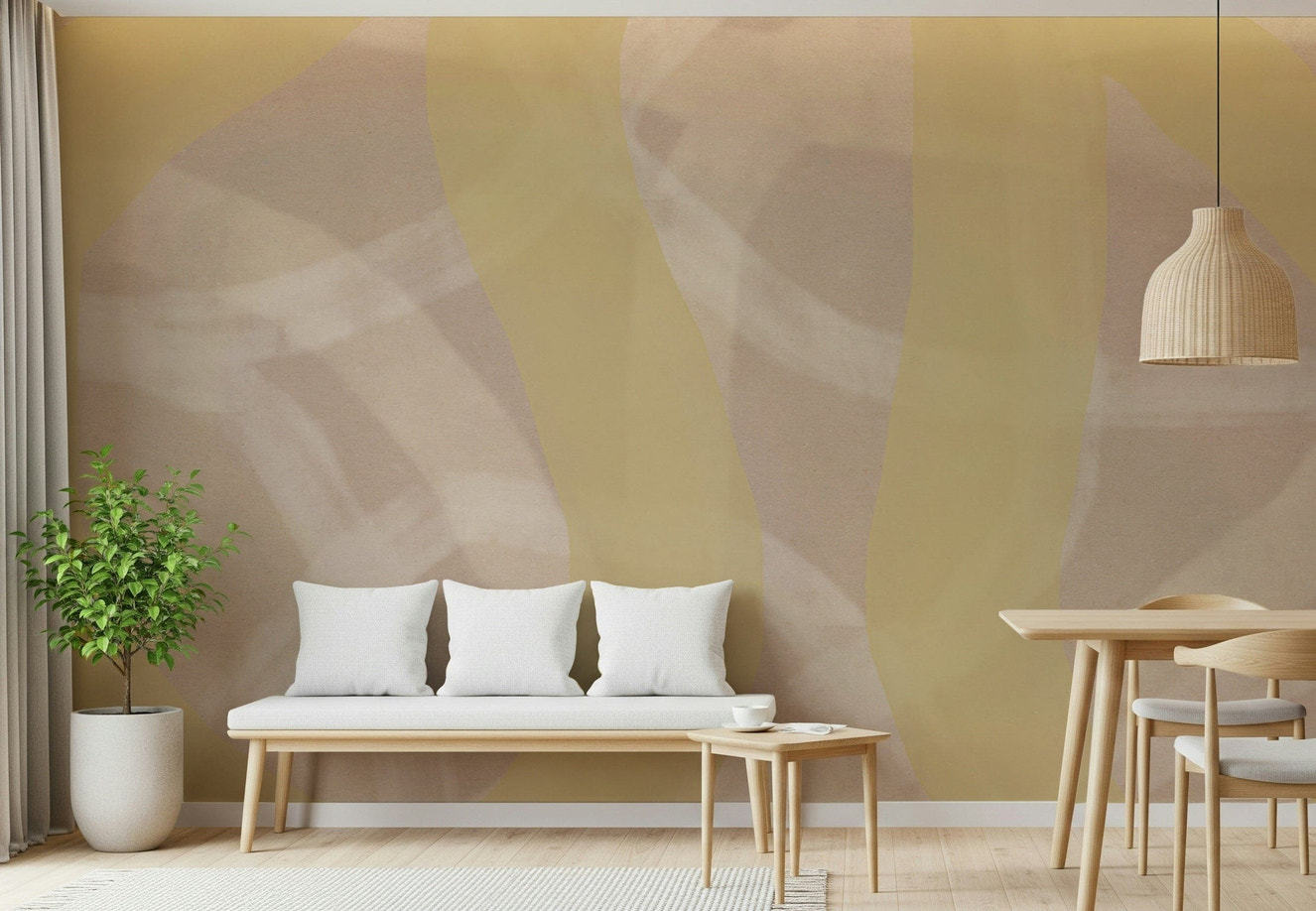A contemplative soft yellow wallpaper mural for a feature wall.

