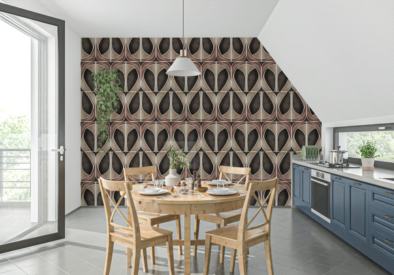 Dramatic Coffee wallpaper for walls featuring retro arch shapes.
