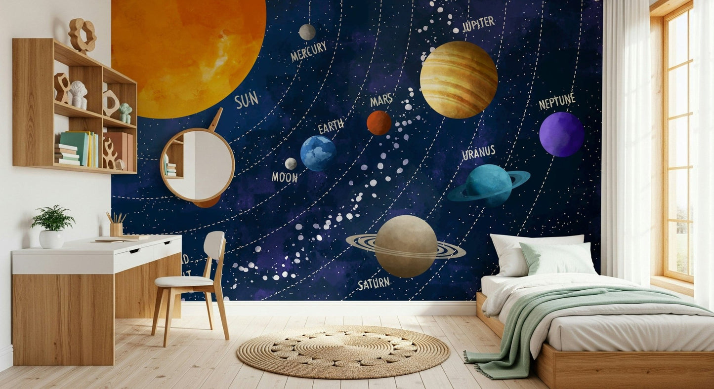 Solar System Adventure wallpaper mural of the sun and planets above a single bed and white desk in a kids bedroom