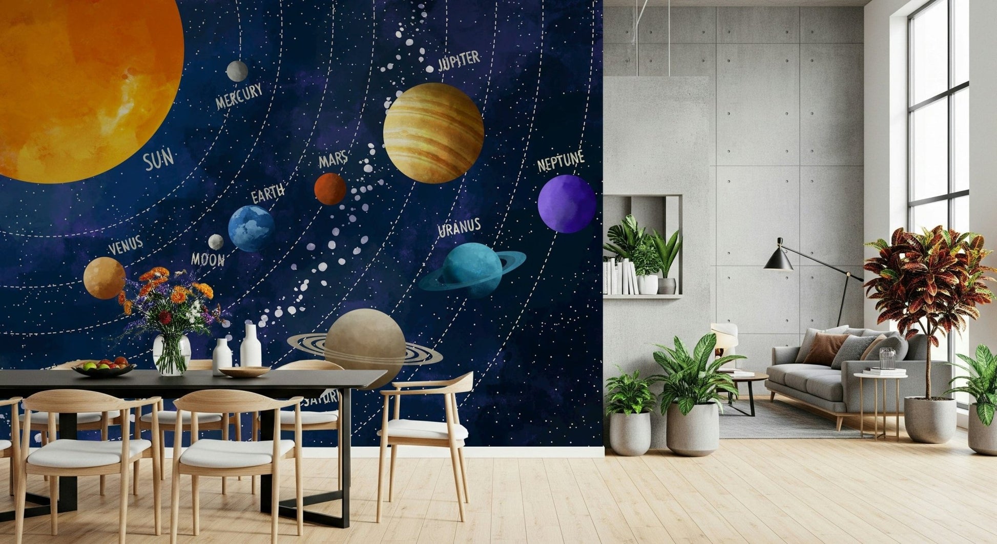 Solar System Adventure wallpaper mural of the labeled planets and sun behind a black dining table beside a grey sofa lounge