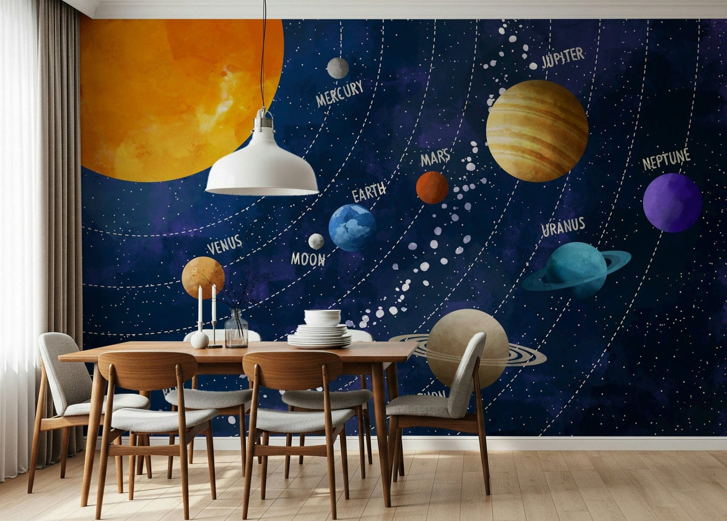 Solar System Adventure wallpaper mural of the sun and planets behind a wood dining table and grey chairs in a dining room