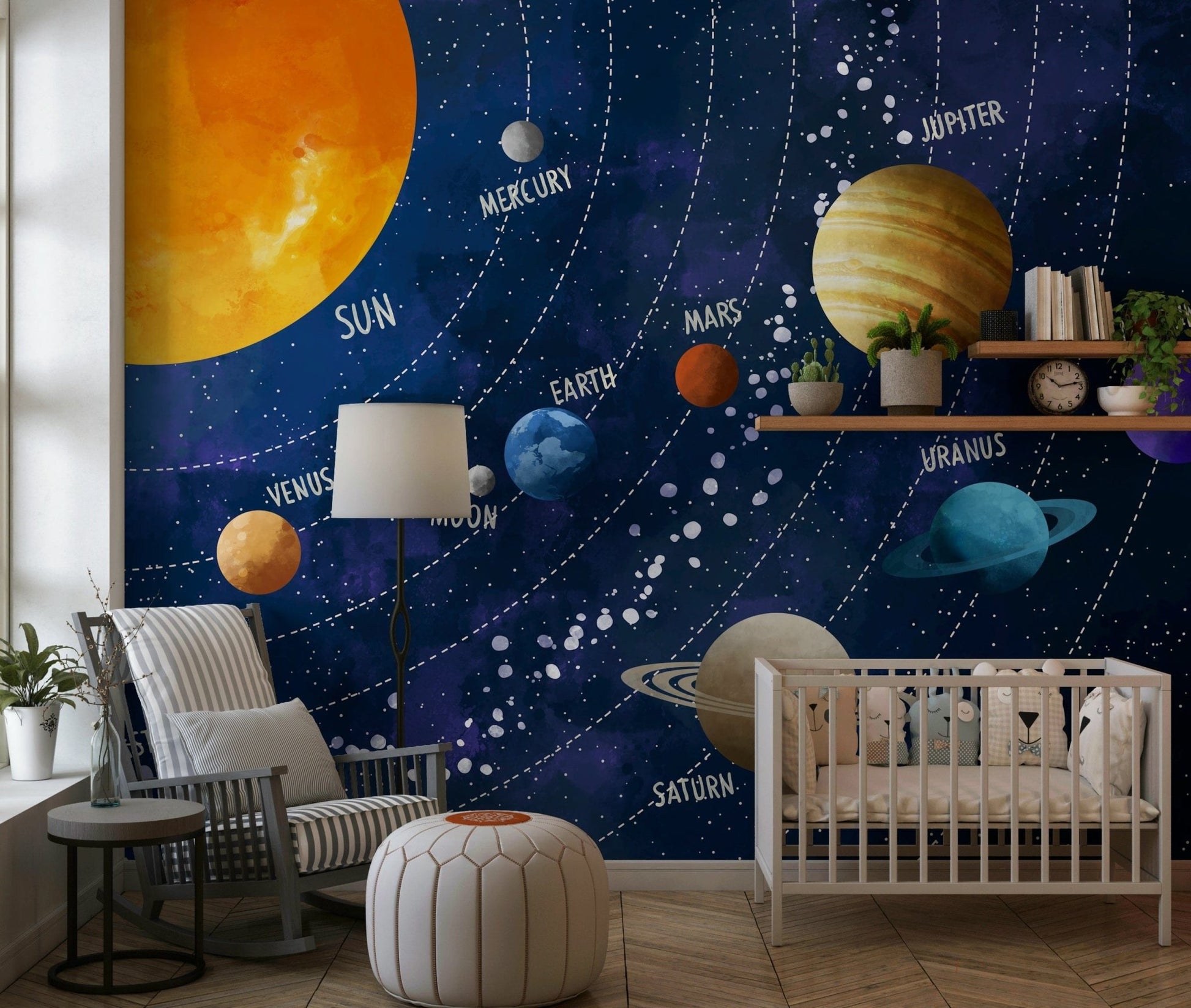 Solar System Adventure wallpaper mural of the labeled planets above a white crib and striped rocking chair in a nursery