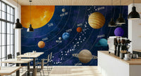 Solar System Adventure wallpaper mural of the planets in space behind small wood tables and a coffee counter in a cafe