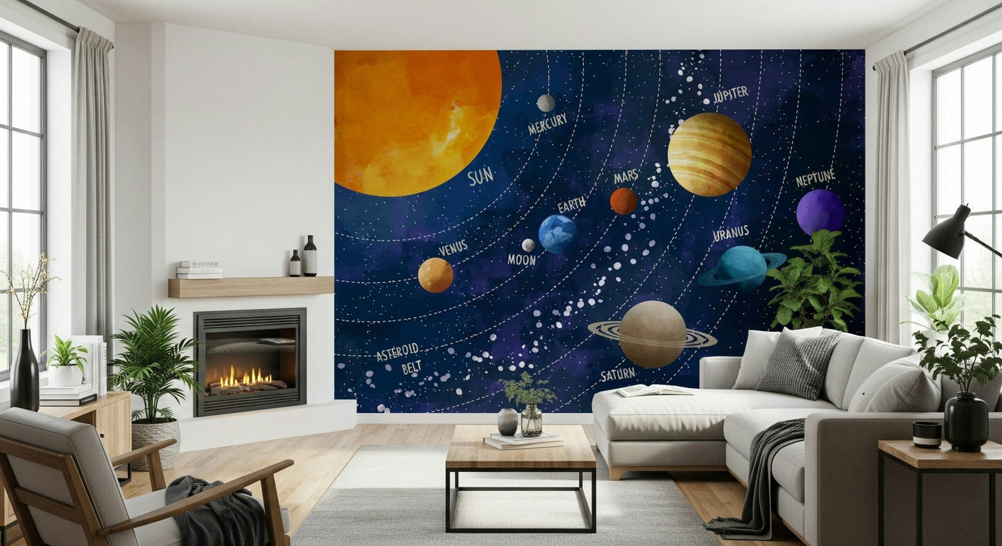 Solar System Adventure wallpaper mural of the planets in space behind a white sectional sofa beside a fireplace in a living room