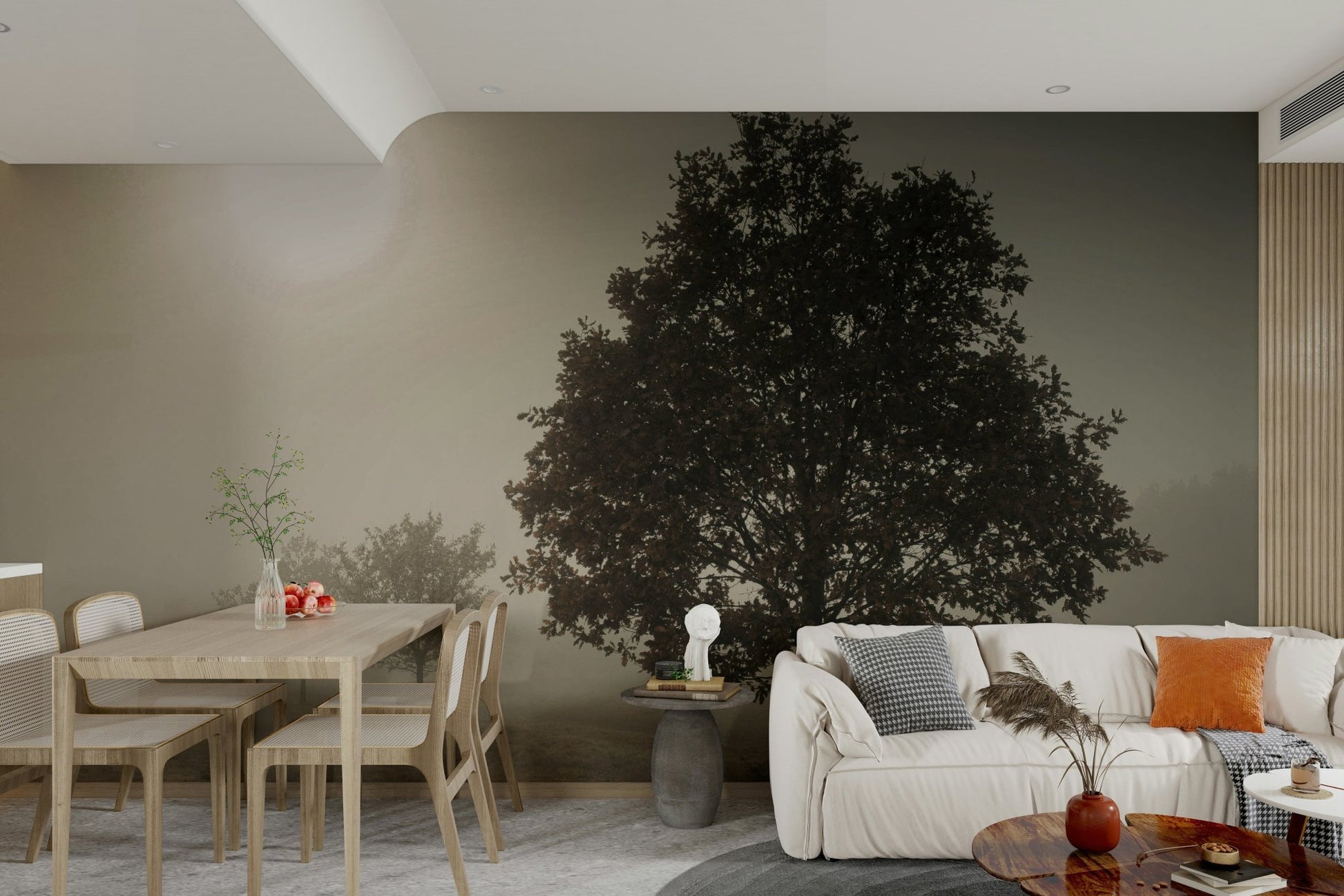 Nature-inspired solitary tree mural for a peaceful home atmosphere.

