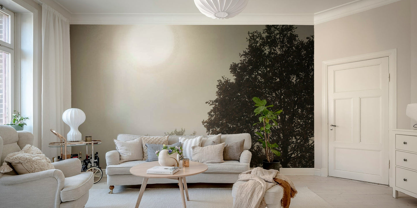 Tranquil landscape mural with a solitary tree in soft, earthy tones.

