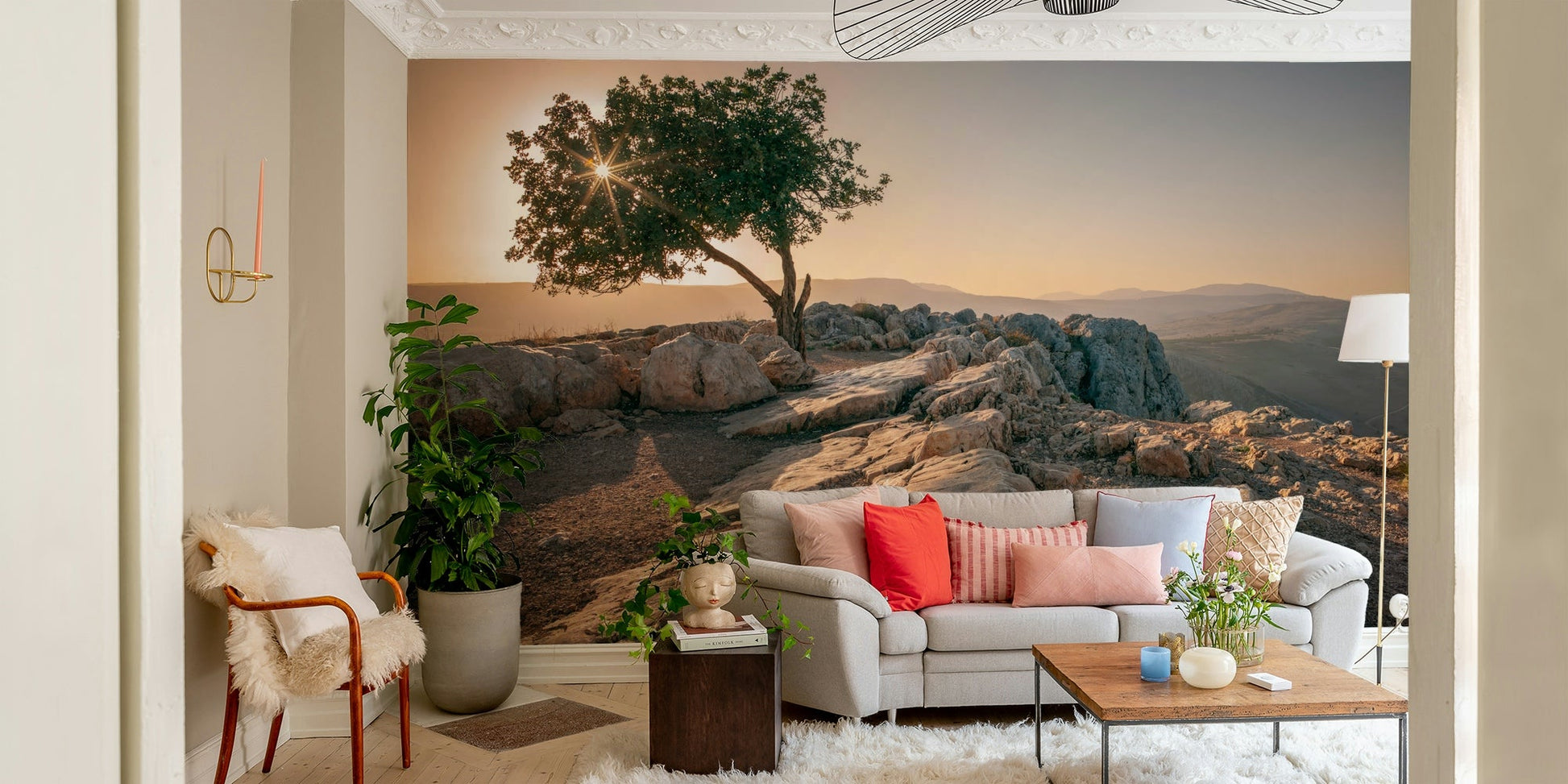 Solitary tree silhouette against dusk sky mural for elegant decor.

