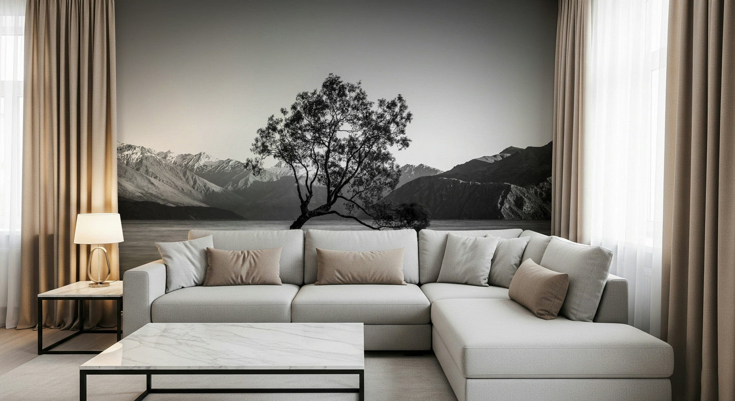 Dramatic monochrome wilderness scenery depicting Solitary Woodland wall mural concept.