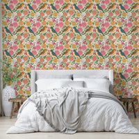 A peaceful botanical mural on decorative wallpaper.

