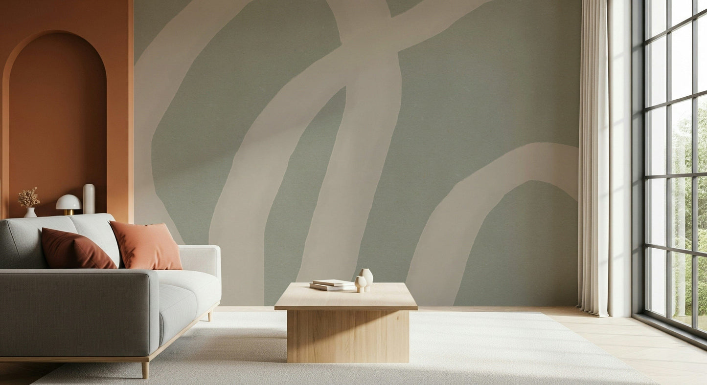 A calming abstract design wallpaper mural that defines a space.