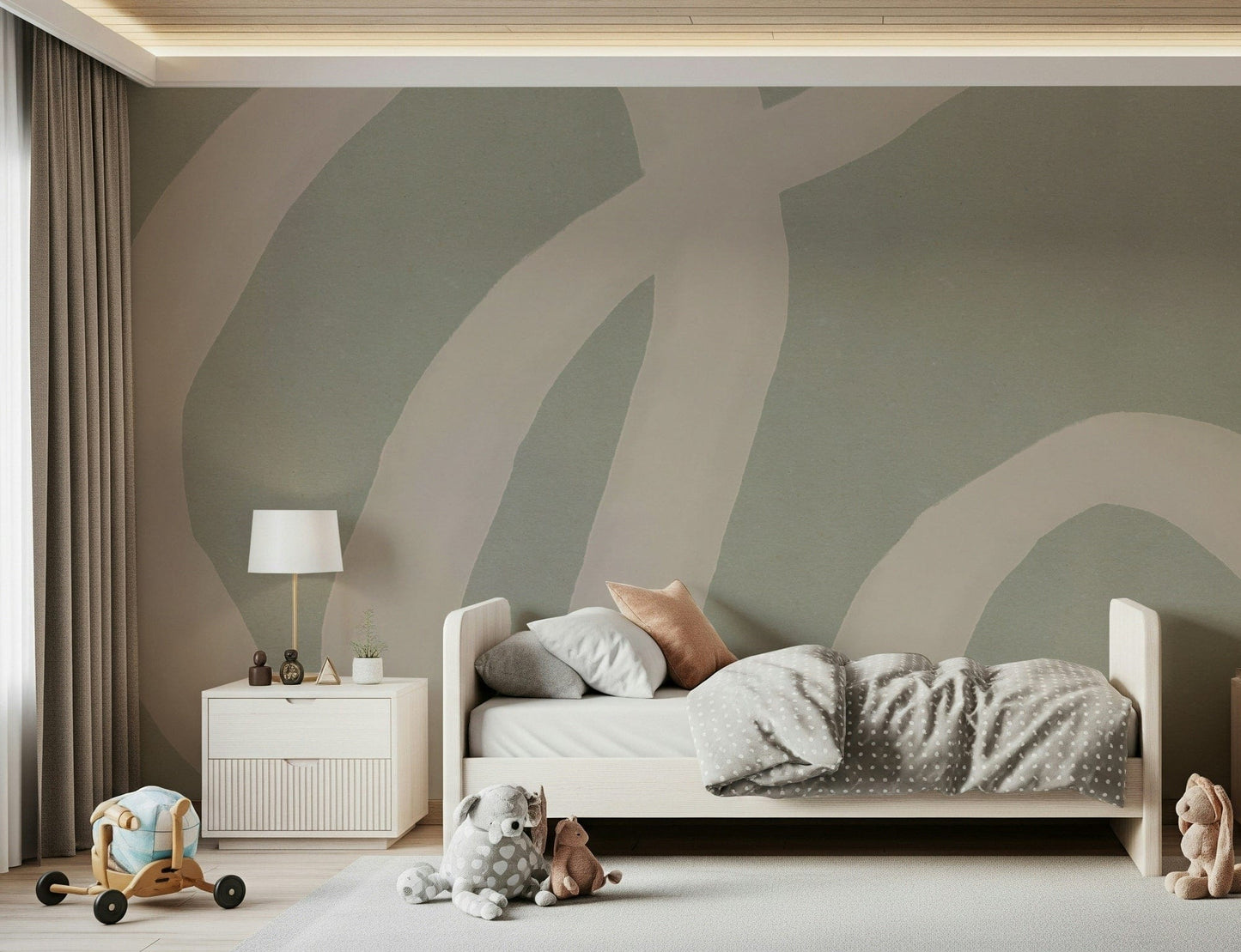A peaceful modern abstract mural on decorative wallpaper.