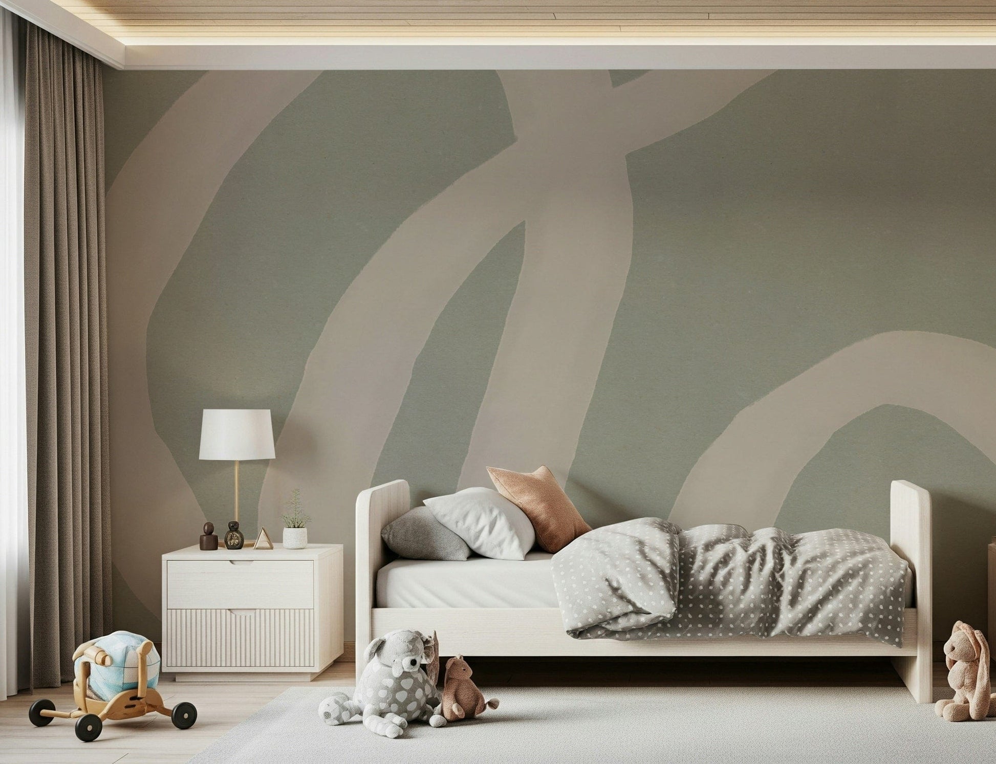 A peaceful modern abstract mural on decorative wallpaper.