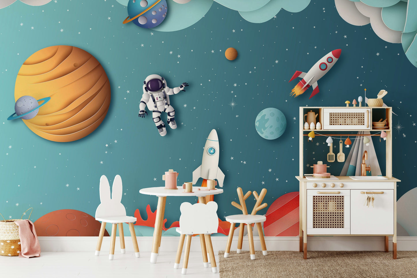 The design features a repeating pattern of soft, delicate planets, stars, and small explorers.

