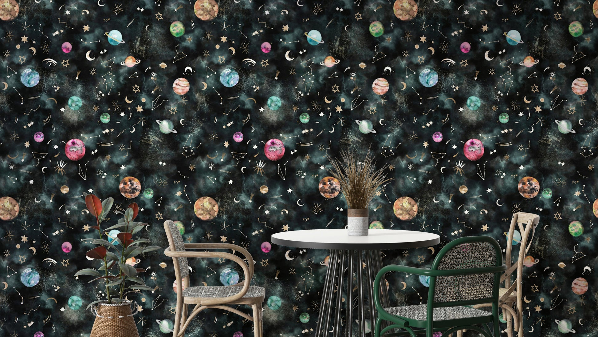 Space Galaxy Astronomy Constellations Planets Blue Wallpaper with swirling galaxies and stars.

