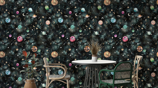 Space Galaxy Astronomy Constellations Planets Blue Wallpaper with swirling galaxies and stars.

