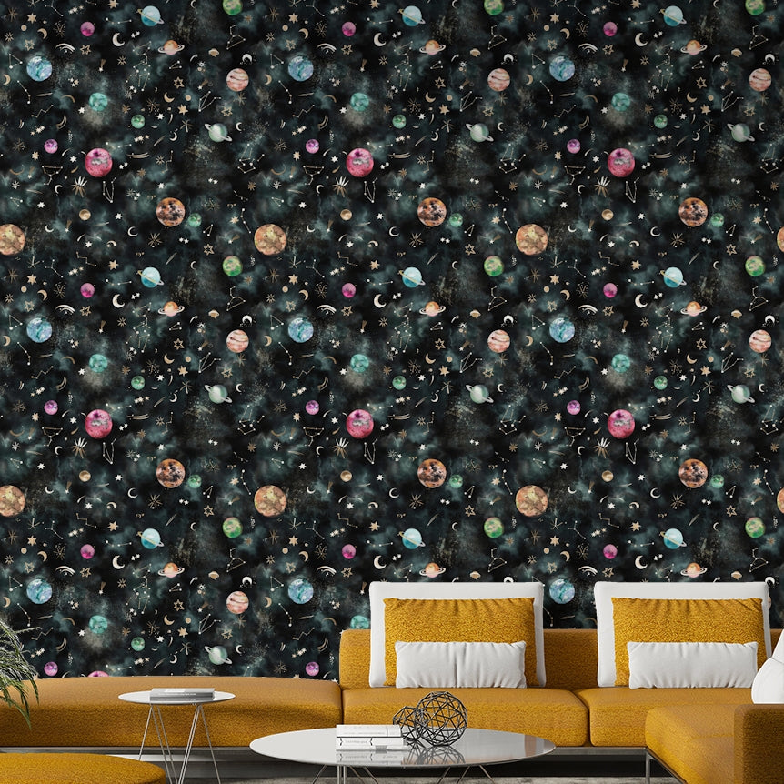 Celestial design with blue space hues, distant planets, and twinkling stars.

