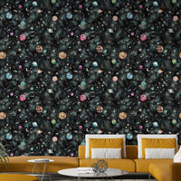 Celestial design with blue space hues, distant planets, and twinkling stars.

