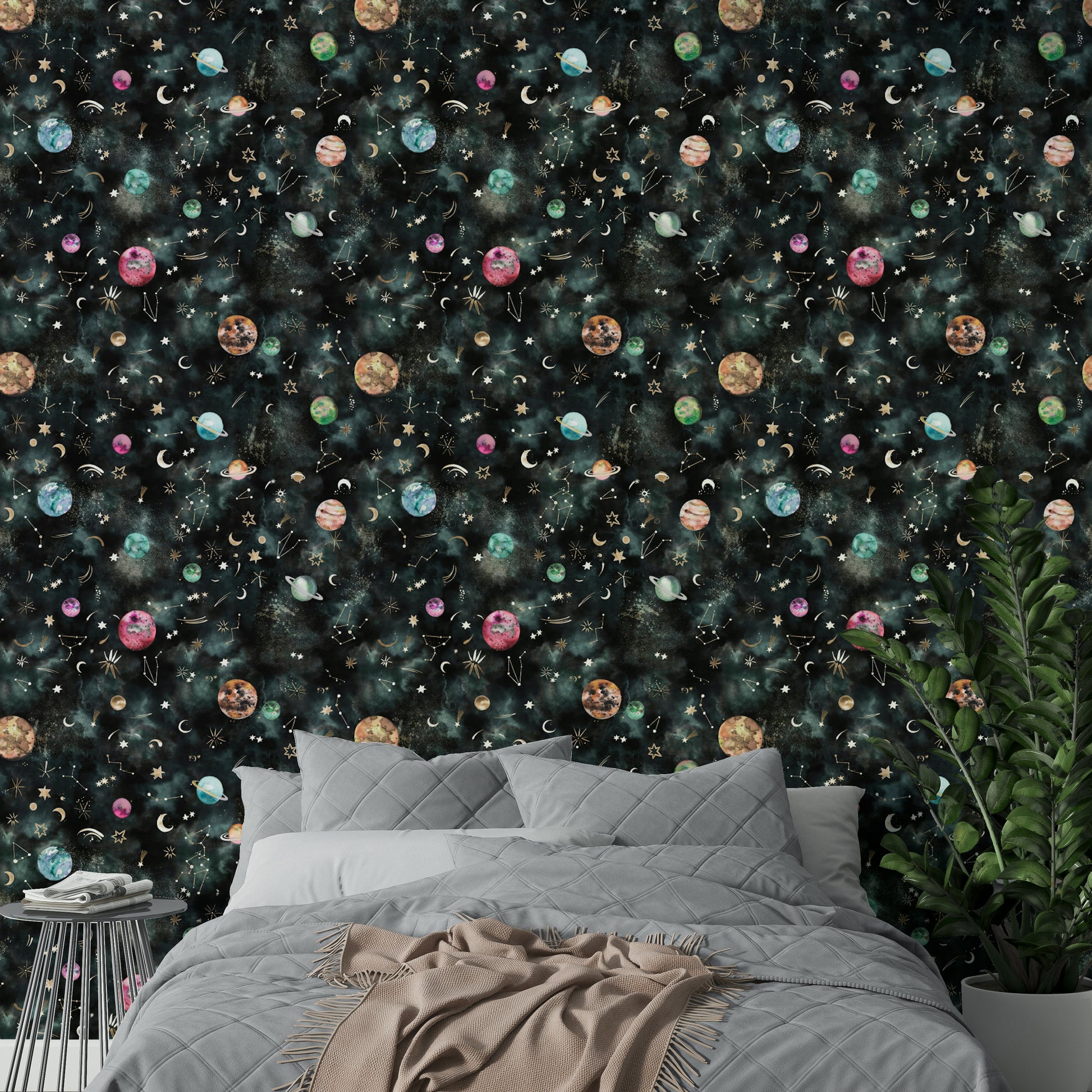 Wallpaper with deep blue background showcasing planets, galaxies, and constellations.

