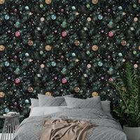 Wallpaper with deep blue background showcasing planets, galaxies, and constellations.

