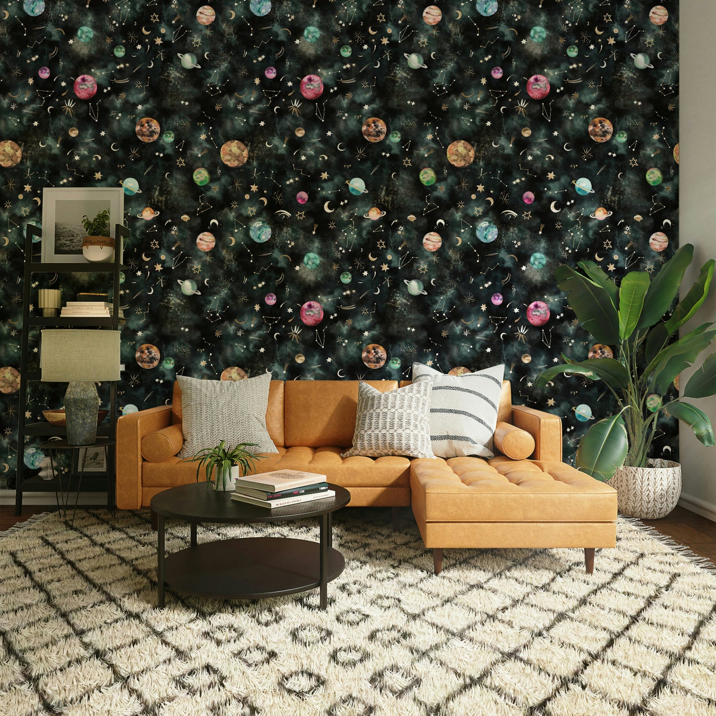 Cosmic mural with vibrant planets and sparkling stars in a blue space design.

