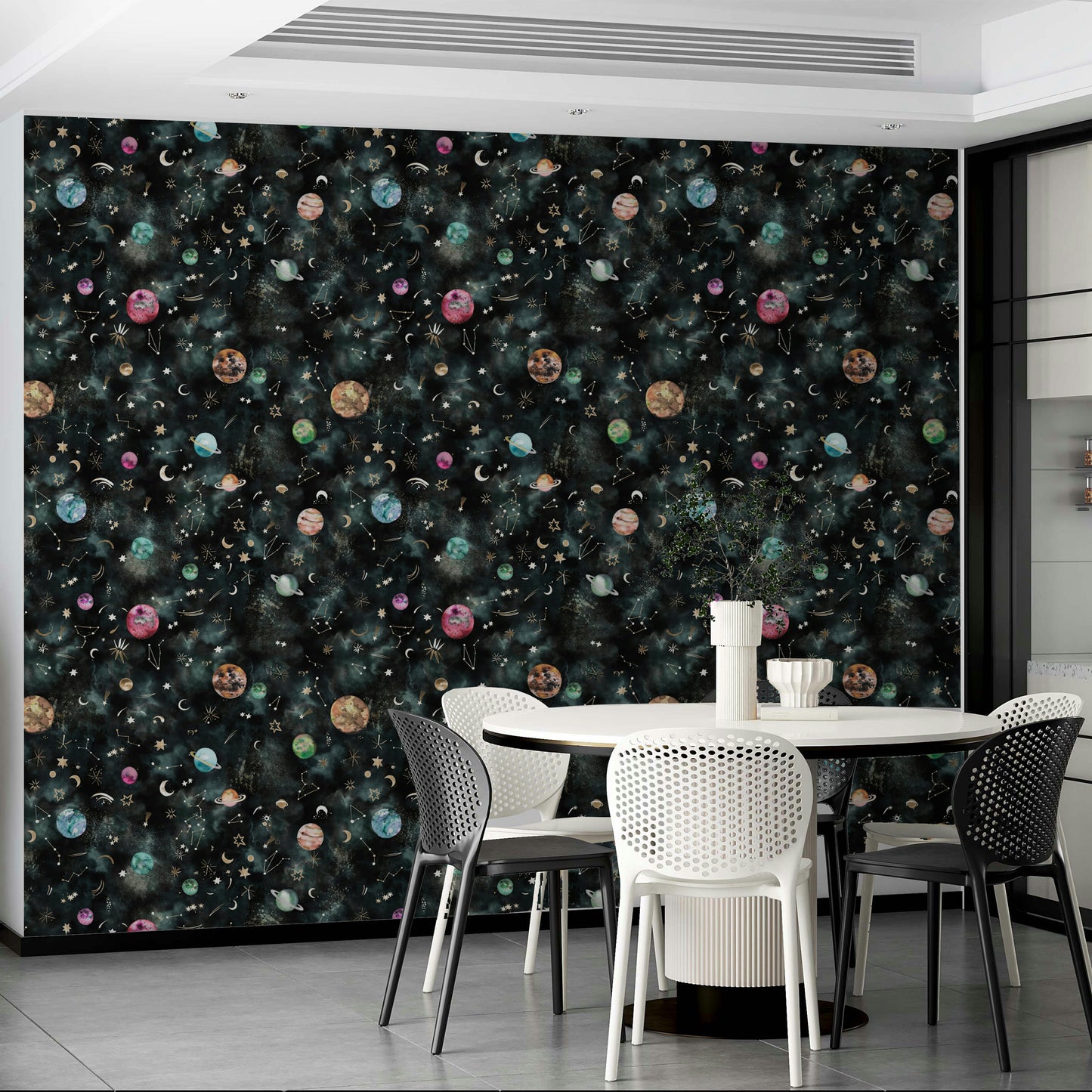 Celestial wallpaper featuring planets, constellations, and a deep blue backdrop.

