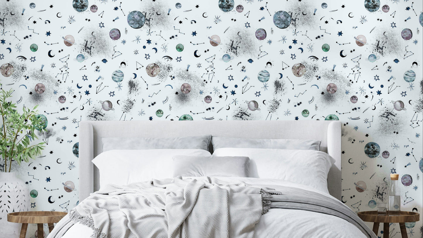 Space Galaxy Planets Constellations Astronomy Wallpaper with swirling galaxies and glowing stars.

