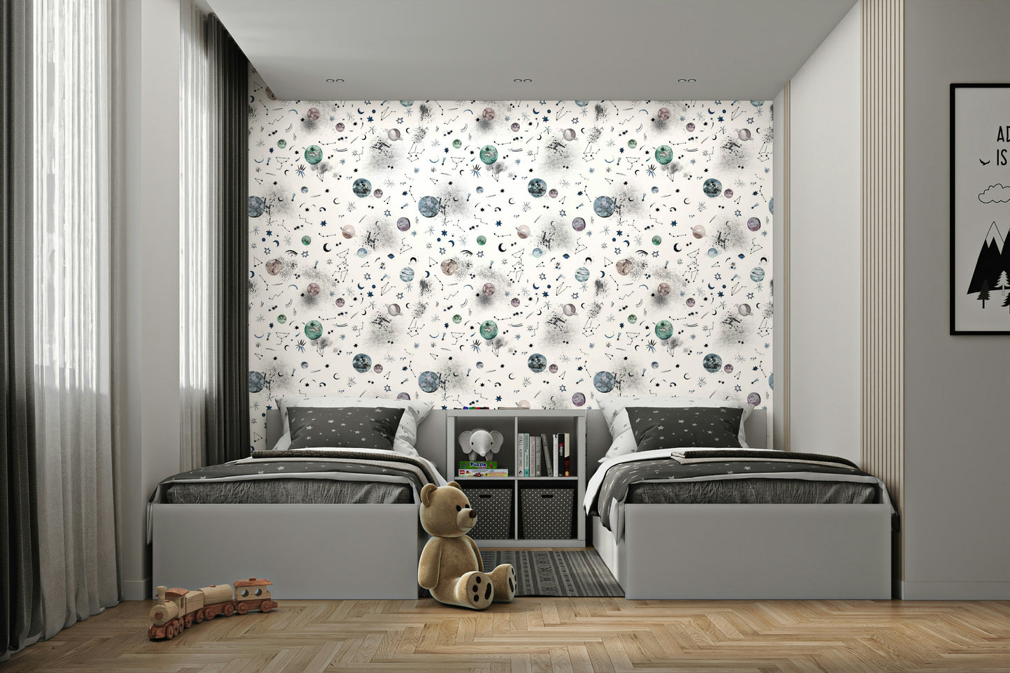 Wallpaper with galaxies, planets, and constellations creating a cosmic atmosphere.

