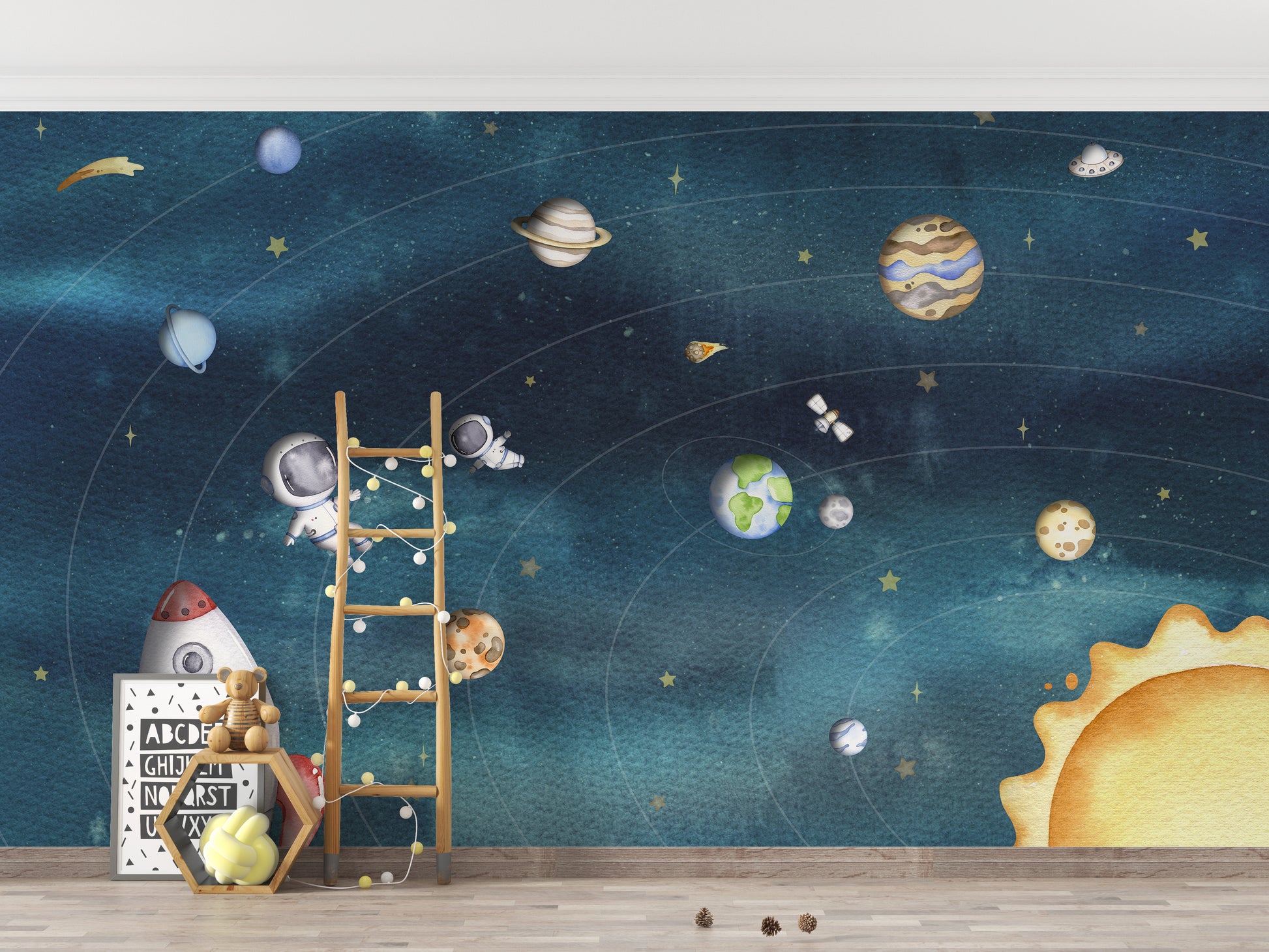 Space joy dark wall mural peel and stick version in a play area with a tall wooden ladder and scattered floor toys.