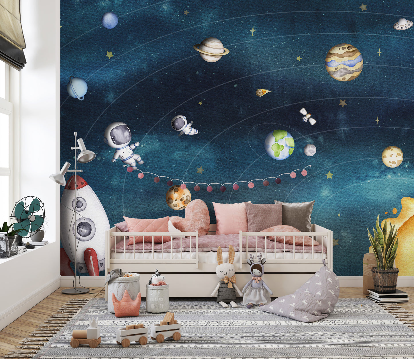 Temporary Space Joy Dark Wall Mural in a bedroom with pink bedding and a grey rug for a quick damage-free makeover.
