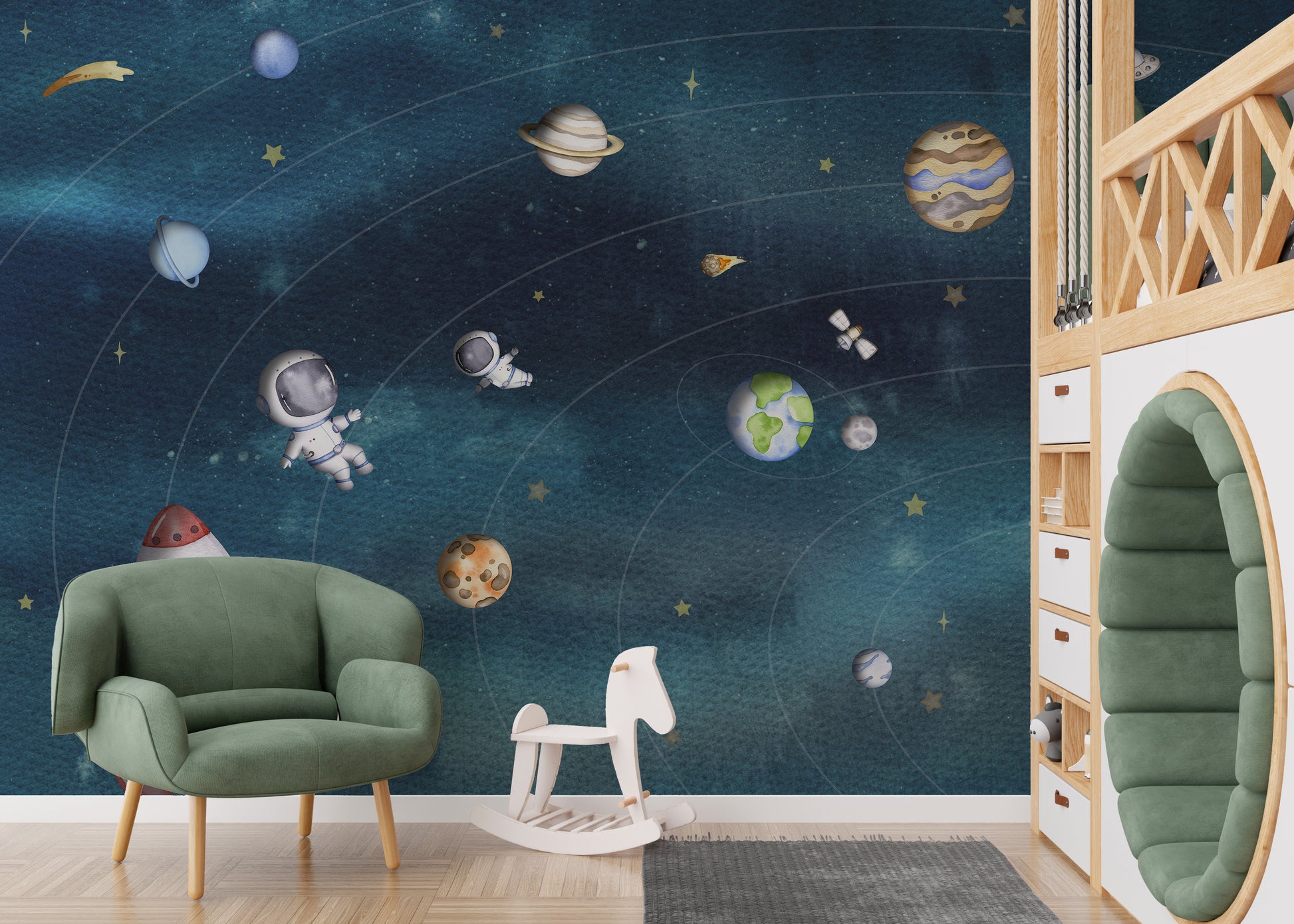 Removable Space Joy Dark Wall Mural in a cozy reading corner with a green armchair and a white rocking horse toy.