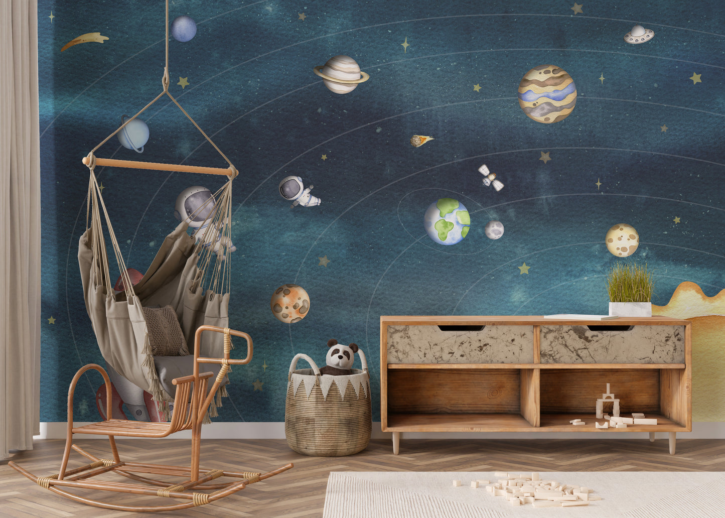 Removable self adhesive Space Joy Dark Wall Mural in a lounge area with a hanging wicker chair and wooden console.