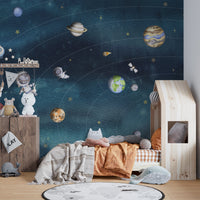 High-quality premium canvas space joy dark wall mural in a bedroom featuring a wooden house-shaped bed frame.
