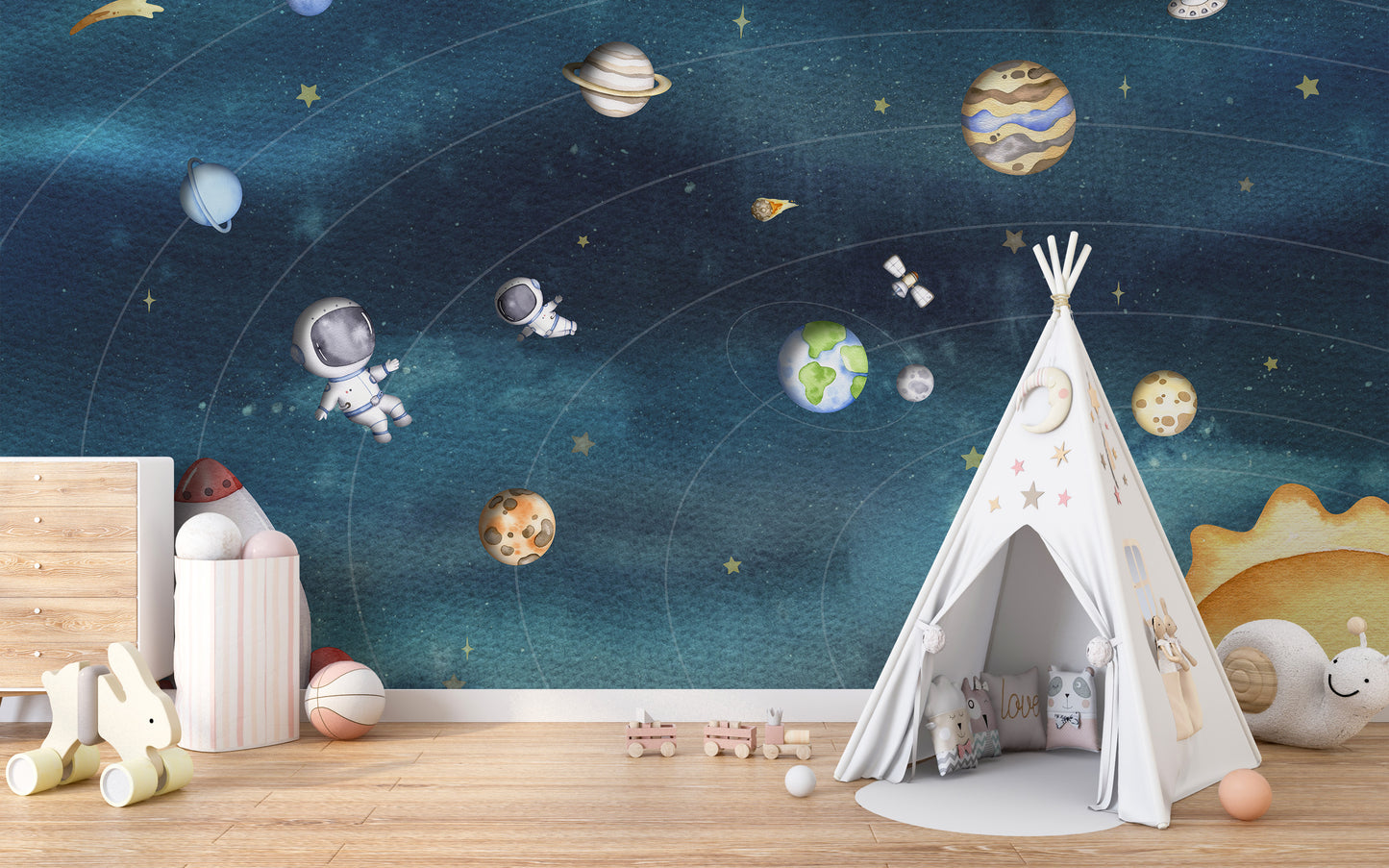 Space Joy Dark Wall Mural in a playroom with a white teepee tent and peel and stick material for a cosmic update.