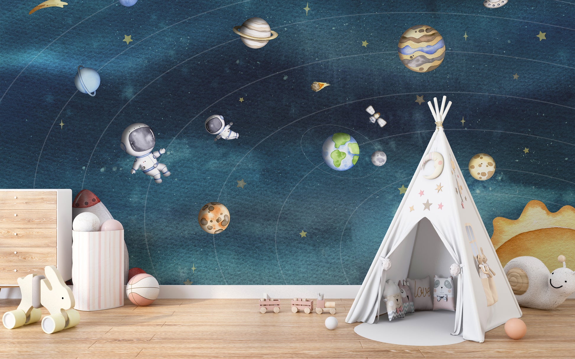 Space Joy Dark Wall Mural in a playroom with a white teepee tent and peel and stick material for a cosmic update.