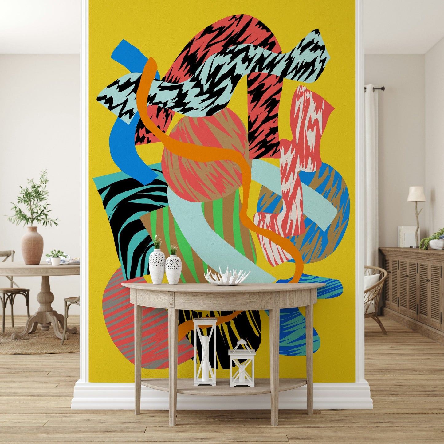 A beautiful wide-angle wall mural of mixed green hues.

