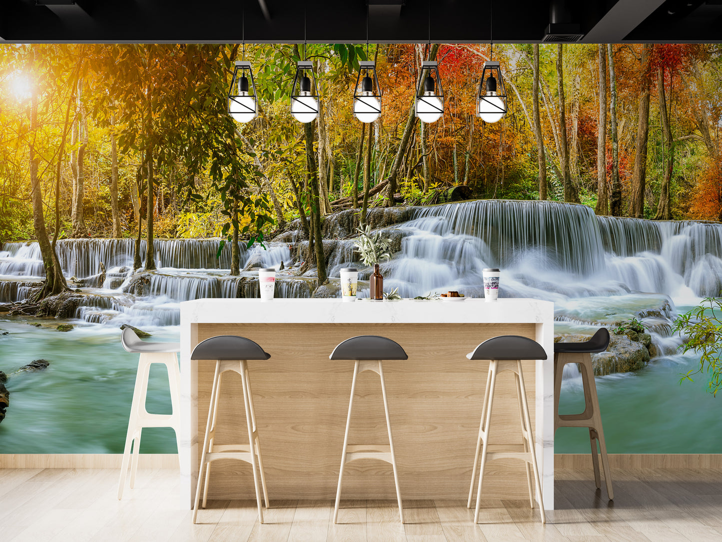 Natural Sparkling Waterfall Jungle wallpaper mural styled along a hallway feature wall near a console in blue tones