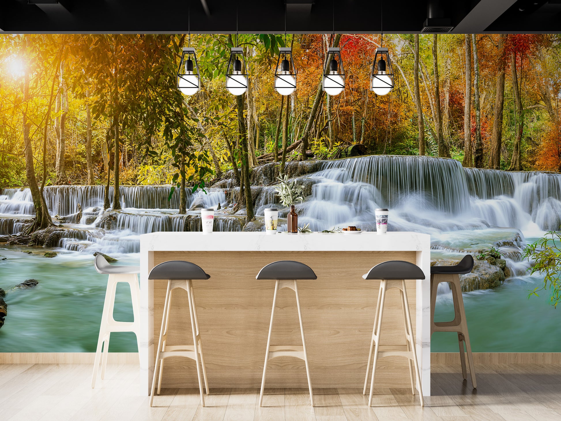 Natural Sparkling Waterfall Jungle wallpaper mural styled along a hallway feature wall near a console in blue tones