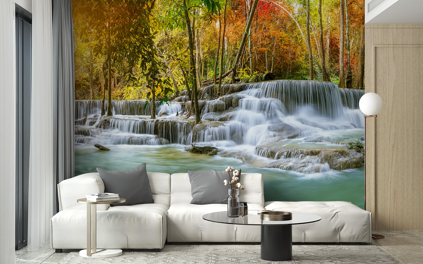 Natural Sparkling Waterfall Jungle wallpaper mural as a feature wall in a home office workspace in blue tones