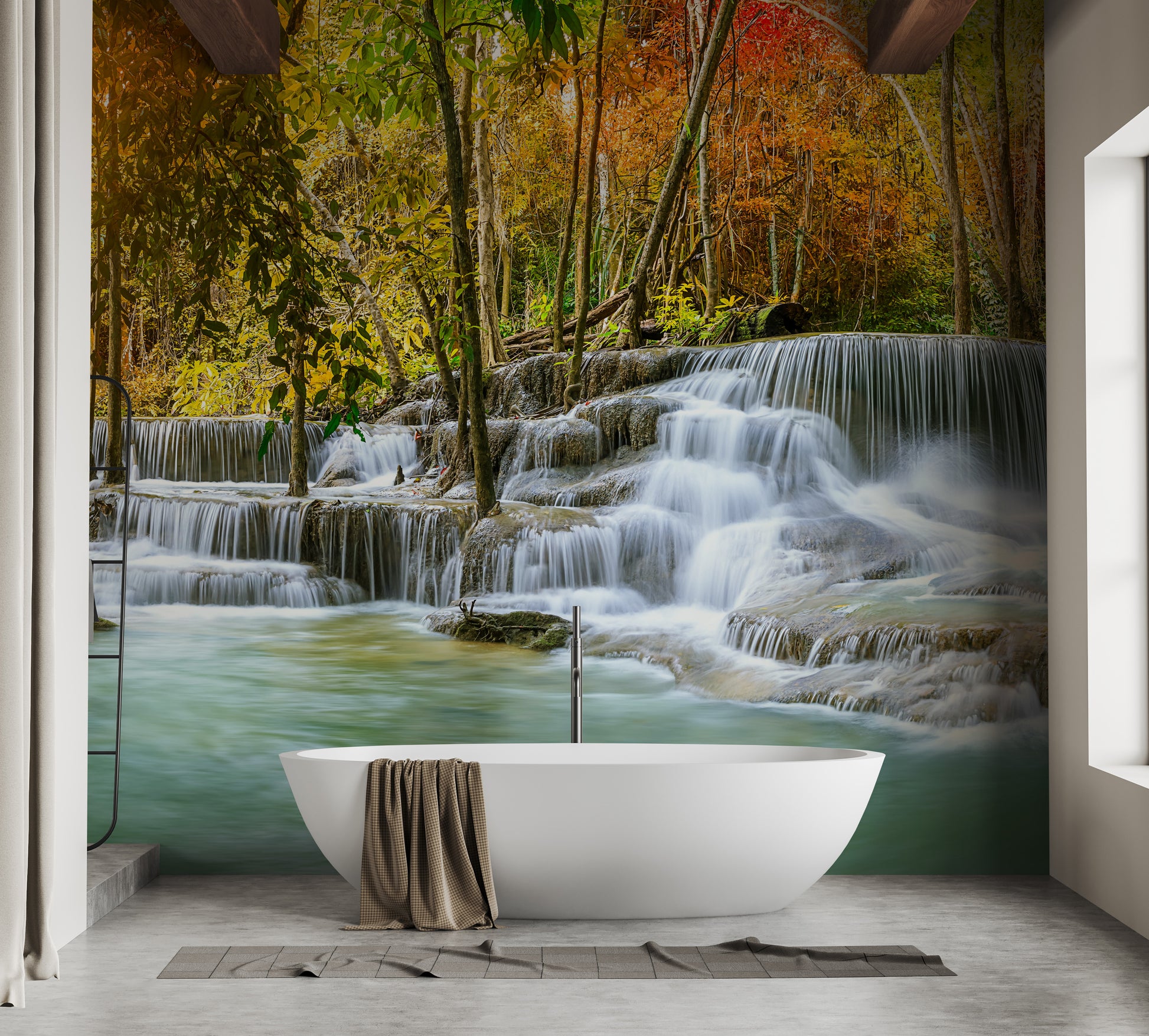 Natural Sparkling Waterfall Jungle wallpaper mural shown as a full feature wall that highlights the design
